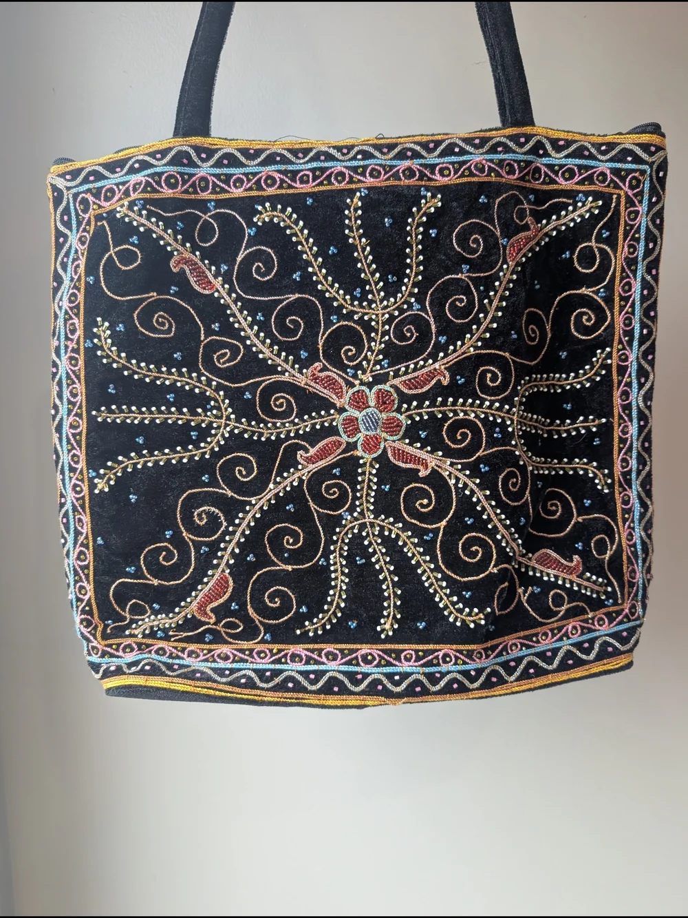 Black Velvet Beaded Floral Embroidered Tote Bag Boho Shoulder Bag Ziptop